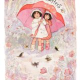 2008 Valentine's Day Card says Sisters and has two girls under one umbrella on it