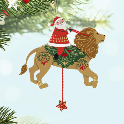 Pull-String Lion With Santa Wood Ornament